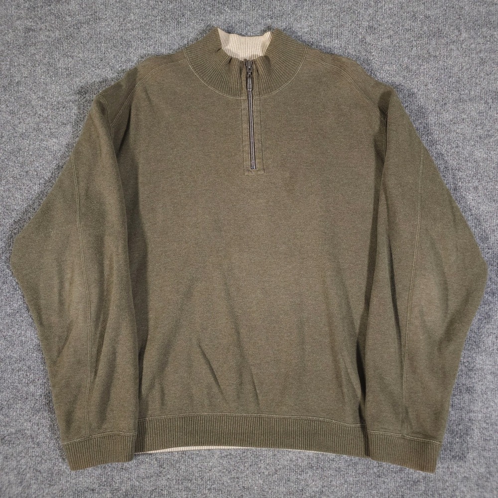 Tommy Bahama Mens Large Green Tan Reversible 1/4 Zip Pullover Sweater